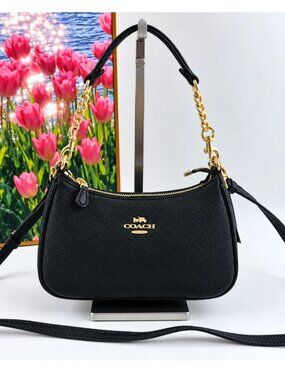 Coach Black Pebbled Leather Shoulder Bag Crossbody Purse Gold Chain Strap